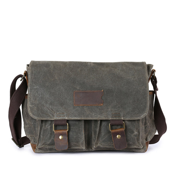 Waxed Canvas Crazy Horse Leather Messenger Bag Crossbody Shoulder Bag Laptop Bag 5356 - ROCKCOWLEATHERSTUDIO