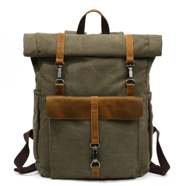 Western Style Canvas Leather Backpack, Laptop Backpack, Vintage Waterproof Shoulder Bag 8828 - ROCKCOWLEATHERSTUDIO