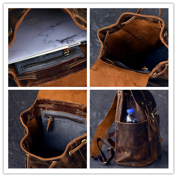desmo bucket style leather backpack Crazy Horse Leather Men Travel Backpack Retro Laptop Backpack Bucket B –  RockCow Leather Studio