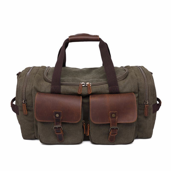 ROCKCOW Weekender Overnight Bag Canvas Genuine Leather Travel Duffel Tote AF14 - ROCKCOWLEATHERSTUDIO