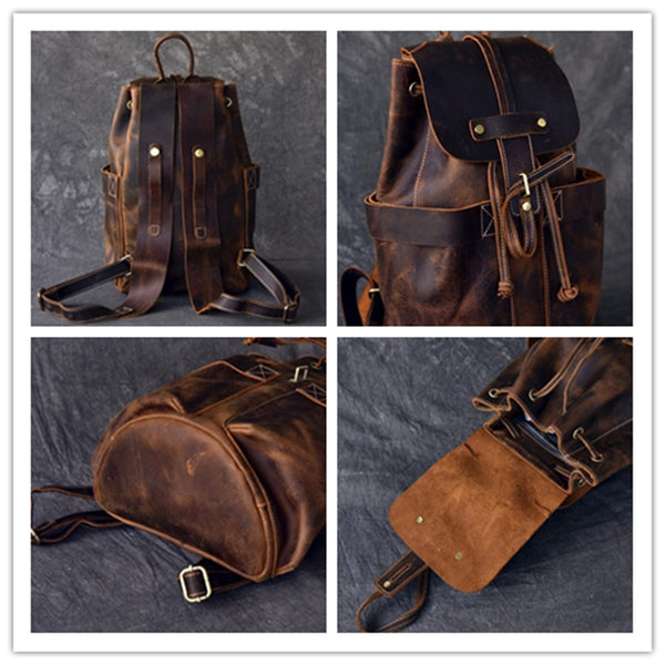 desmo bucket style leather backpack Crazy Horse Leather Men Travel Backpack Retro Laptop Backpack Bucket Backpack Coffee