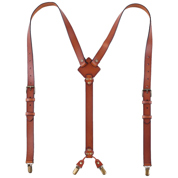 Leather Suspenders For Men Adjustable Brown Genuine Leather Suspenders Groomsmen Gifts for Wedding