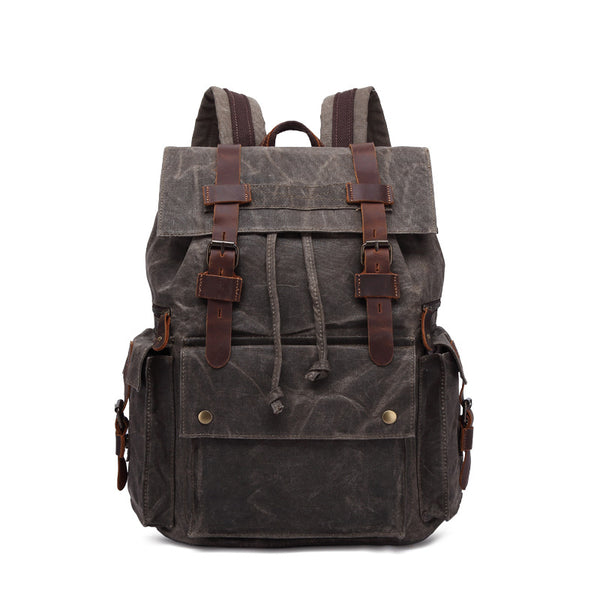 Outing Waxed Canvas Leather Backpack, Big Capacity Laptop Backpack, Vintage Waterproof Shoulder School Bag 5358 - ROCKCOWLEATHERSTUDIO