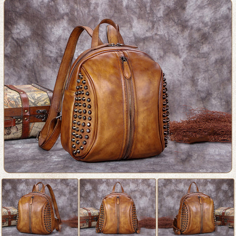 2017 New Arrival Leather Fashion Bag Vintage Backpack College School Bag For Women A0213 - ROCKCOWLEATHERSTUDIO