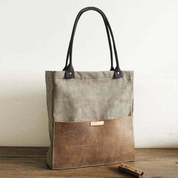 Canvas Leather Tote Bag Handcrafted Canvas Shoulder Bags Canvas And Full Grain Leather Shopper Bag 14051