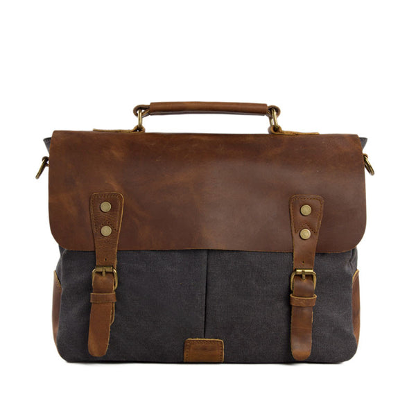 14 Inch Canvas Leather Bag Briefcase Messenger Bag Shoulder Bag Laptop Bag 1807 - ROCKCOWLEATHERSTUDIO