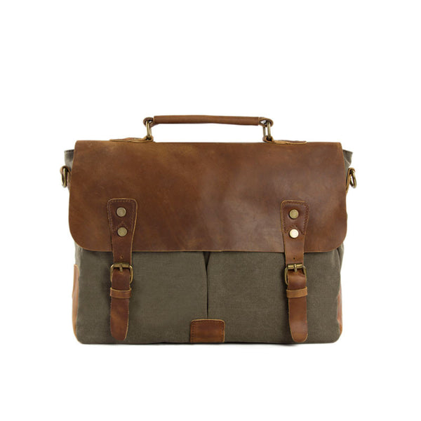 14 Inch Canvas Leather Bag Briefcase Messenger Bag Shoulder Bag Laptop Bag 1807 - ROCKCOWLEATHERSTUDIO