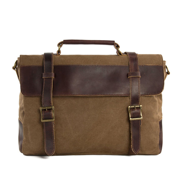 Unisex Canvas Leather Briefcase, School Bag, Laptop Shoulder Bag 1870 - ROCKCOWLEATHERSTUDIO