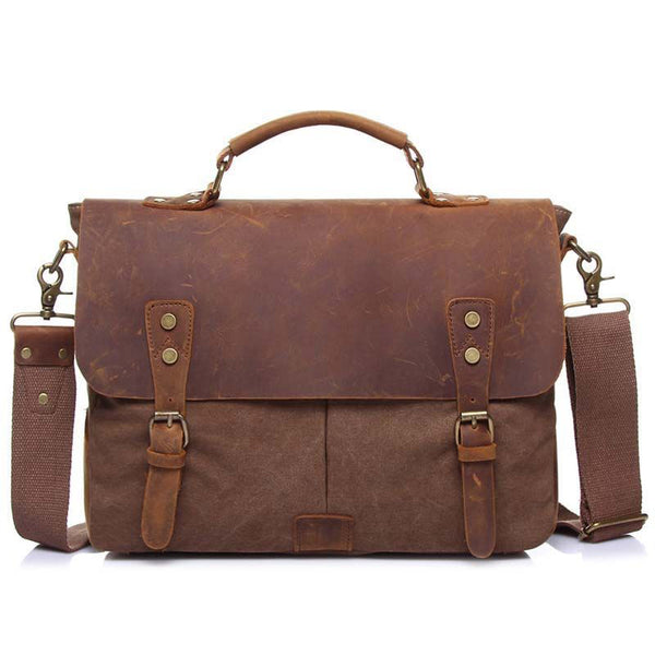 Handmade Canvas Leather Briefcase Messenger Bag Crossbody Shoulder Bag Laptop Bag 1807 - ROCKCOWLEATHERSTUDIO
