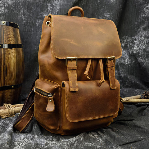 Crazy Horse Leather Backpack Laptop Backpack Travel Backpack Mens Rucksack
