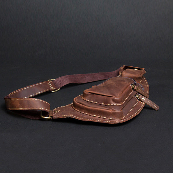Crazy Horse Leather Sling Bag Vintage Leather Chest Bag Mens