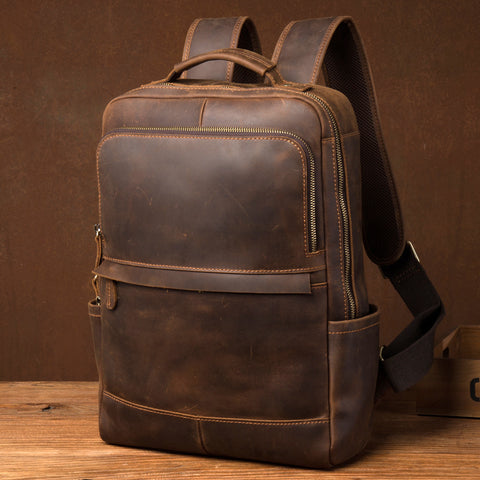 Crazy Horse Leather Backpack Men Laptop Backpack Handmade Travel Backpack MSG7635 - ROCKCOWLEATHERSTUDIO