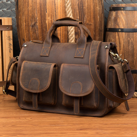 Crazy Horse Leather Briefcase Large Capacity Tote Bag Men Shoulder Bag Messenger Bag MSG1804 - ROCKCOWLEATHERSTUDIO