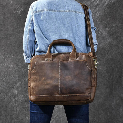 Crazy Horse Leather Large Briefcase Men Tote Bag Vintage Shoulder Messenger Bag ESS499 - ROCKCOWLEATHERSTUDIO