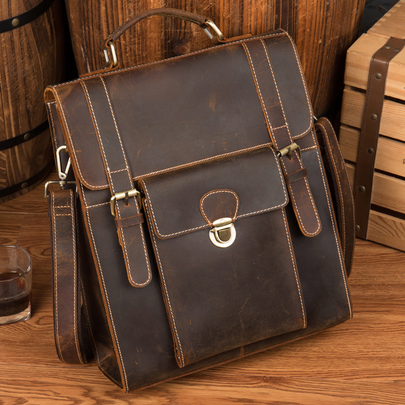 Crazy Horse Leather Men Backpack Multifunction Shoulder Messenger Bag – RockCow Leather Studio