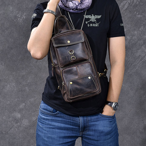 Crazy Horse Leather Men Chest Bag Handmade Chest Pack Vintage Messenger Bag ESS2585 - ROCKCOWLEATHERSTUDIO