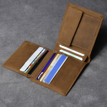 Crazy Horse Leather Short Wallet Small Card Holder Wallet Vintage Short Money Purse ESS88 - ROCKCOWLEATHERSTUDIO