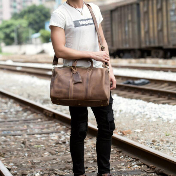 Crazy Horse Leather Travel Bag Men Duffel Bag Retro Overnight Bag