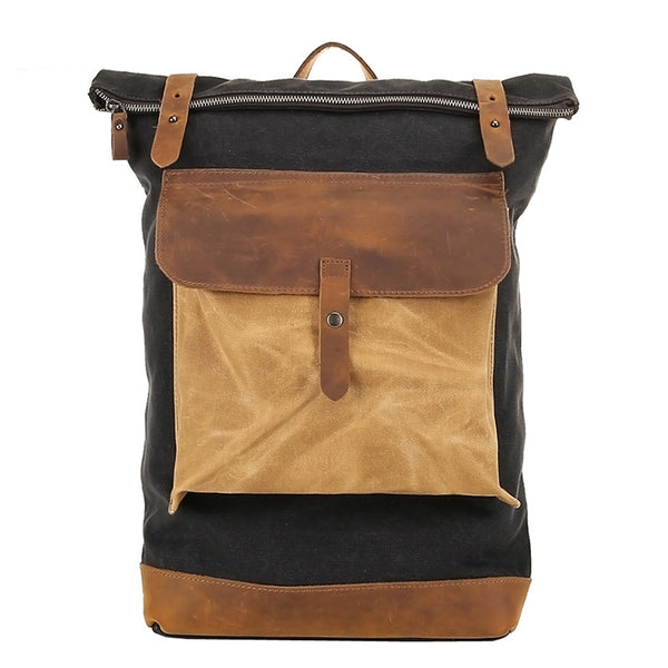 Waxed Canvas With Leather Backpack, Waterproof College Bag, Travel Bag FX1004-1 - ROCKCOWLEATHERSTUDIO