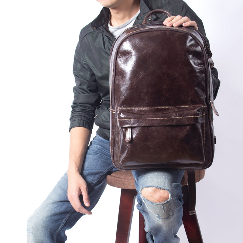 Full Grain Leather Backpack Casual Shoulder Travel Bag For Men Laptop Backpack