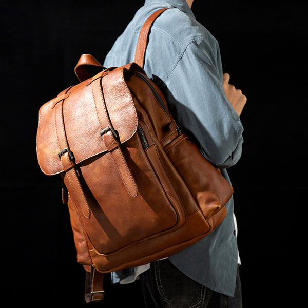 Brown Leather Laptop Backpack Men. Travel Rucksack Handmade 