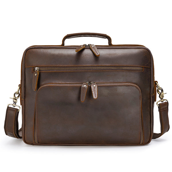 Full Grain Leather Briefcase, 15.6'' Leather Laptop Bag, Retro Leather Messenger Bag