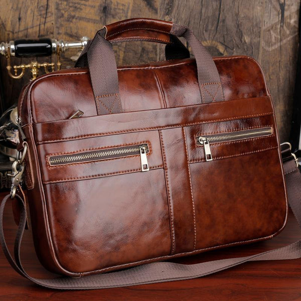 Patrick Rocks Briefcase Full Grain Leather Briefcase Men's Messenger Bag Vintage 15