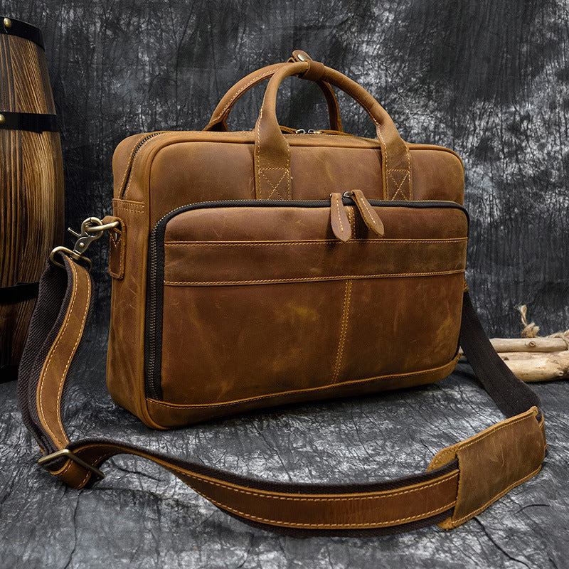 Full Grain Leather Briefcase, Mens Retro Leather Handmade Laptop Bag,