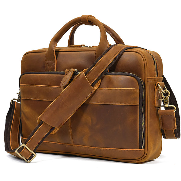Full Grain Leather Briefcase, Mens Retro Leather Handmade Laptop