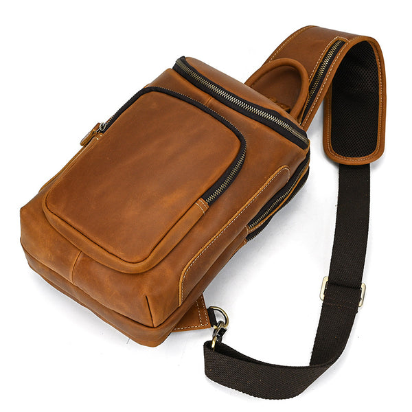 Full Grain Leather Chest Bag Retro Leather Crossbody Bag Handmade Mens