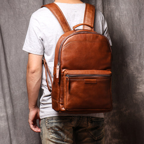 Full Grain Leather Men Backpack Handmade Leather Laptop Backpack Travel Backpack 88120