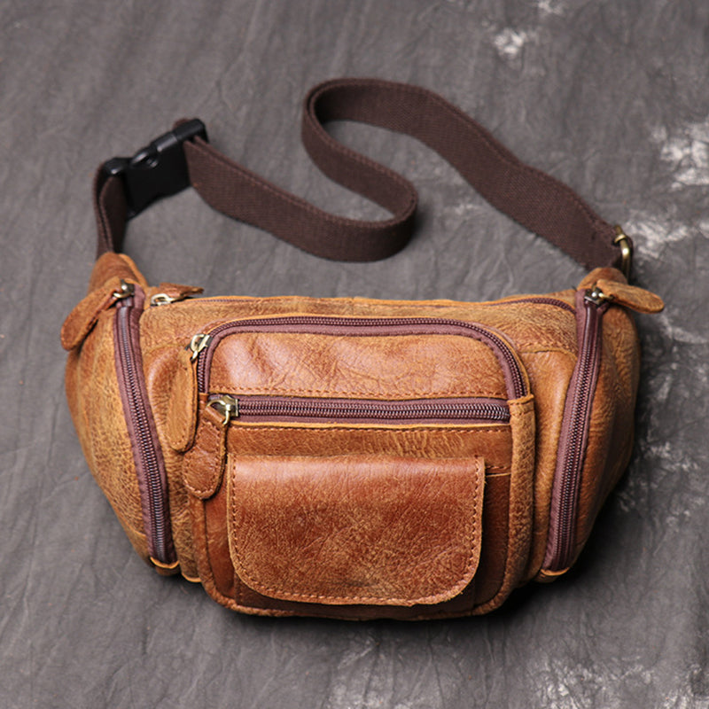 Full Grain Leather Sling Bag Leather Waist Bag Mens Handmade Leather Crossbody Bag Chest Pack LJ0184