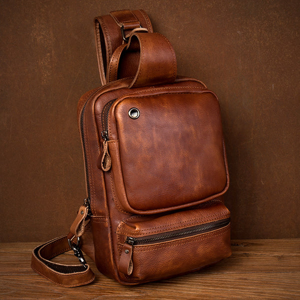 Full Grain Leather Chest Pack Handmade Shoulder Messenger Bag Retro Men Chest Bag MSG6069 - ROCKCOWLEATHERSTUDIO