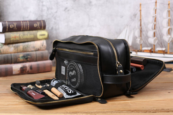 Men's Leather Framed Toiletry Bag - Water-Resistant Lined Dopp Kit, Standing Wide Mouth Design - Mahogany - Personalized Holiday Gifts, Leatherology