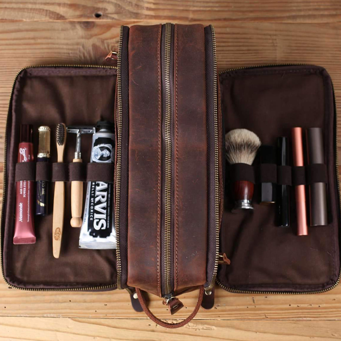 Men's Leather Framed Toiletry Bag - Water-Resistant Lined Dopp Kit, Standing Wide Mouth Design - Mahogany - Personalized Holiday Gifts, Leatherology