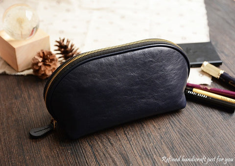 Custom Handmade Vegetable Tanned Italian Leather Cosmetic Bag Toiletry D057 - ROCKCOWLEATHERSTUDIO