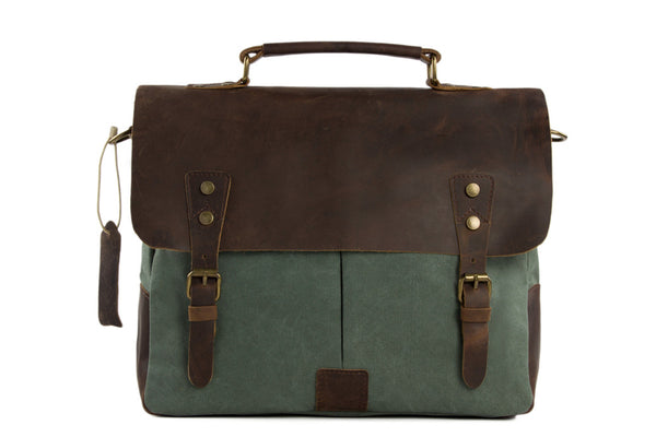 14 Inch Canvas Leather Bag Briefcase Messenger Bag Shoulder Bag Laptop Bag 1807 - ROCKCOWLEATHERSTUDIO