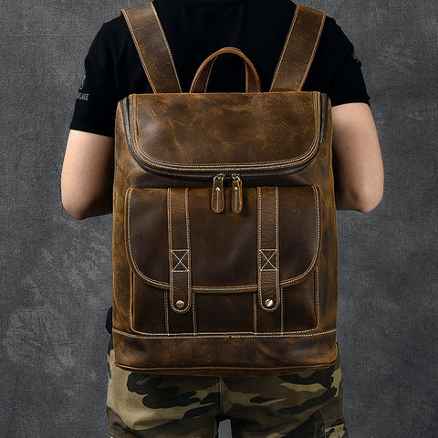 Large Capacity Travel Backpack Crazy Horse Leather Men Backpack Laptop Backpack ESS3989 - ROCKCOWLEATHERSTUDIO