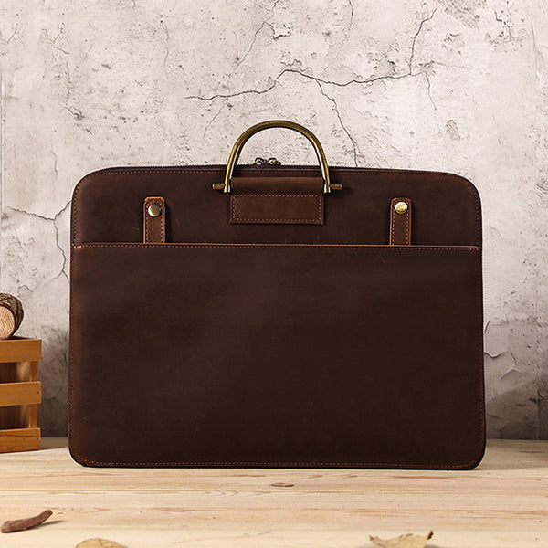 Mens Leather Laptop Briefcase Full Grain Leather Office Bag For Man Top Handle Bag