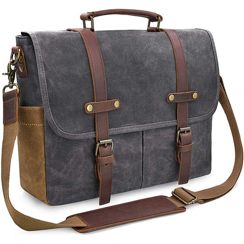 Mens Messenger Bag Waxed Canvas Briefcase 15.6 Inch Waterproof Vintage Canvas Leather Computer Laptop Bag Rugged Satchel Shoulder Bag