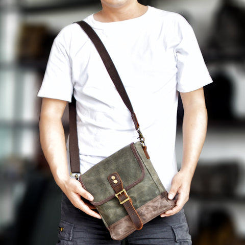 Mens Waxed Canvas Messenger Bag Full Grain Leather With Canvas Shoulder Bag Crossbody Bag Gift For Him MC6070