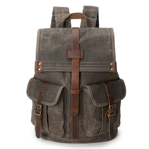 VINTAGE CANVAS BACKPACK FOR MEN LEATHER RUCKSACK 15'' LAPTOP SCHOOL MILITARY KNAPSACK YD5252 - ROCKCOWLEATHERSTUDIO