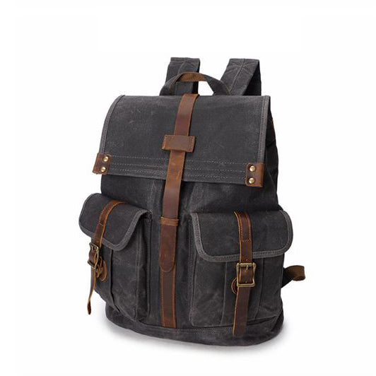 Vintage Canvas Backpack for Men Leather Rucksack 15'' Laptop School Military Knapsack Dark Grey