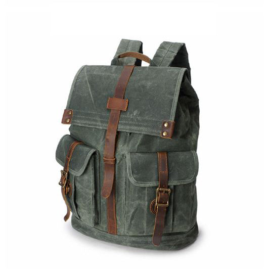 canvas and leather backpack military Vintage Canvas Backpack for Men Leather Rucksack 15'' Laptop School Military Knapsack Olive Green