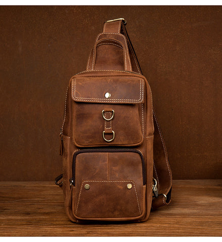 Men Retro Chest Bag Full Grain Leather Chest Pack Casual Messenger Bag V160877 - ROCKCOWLEATHERSTUDIO