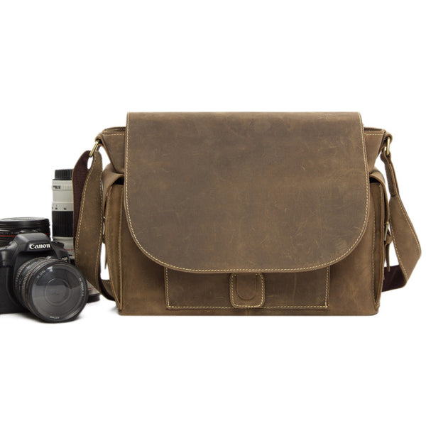 Rustic Leather Messenger Bag Crossbody Shoulder Bag with Removable Camera Inserts JW826 - ROCKCOWLEATHERSTUDIO