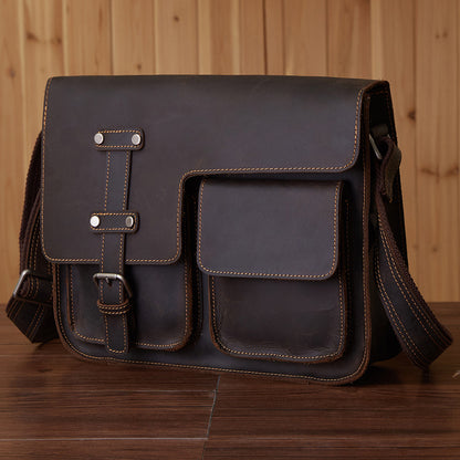 Vintage Leather Bag, Men's Leather Shoulder Bag, Full Grain Business Messenger Bag 6302 - ROCKCOWLEATHERSTUDIO