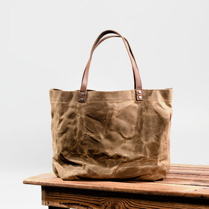 Waterproof Waxed Canvas Handbag Full Grain Leather With Canvas Tote Bag Vintage Style Big Shoulder Bag