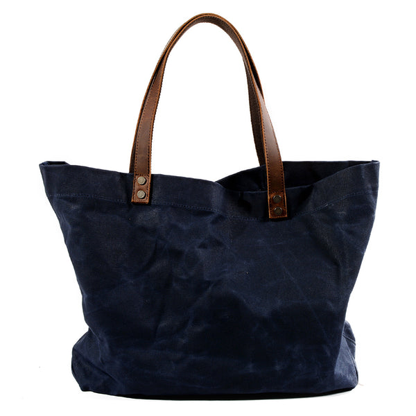 Waterproof Waxed Canvas Handbag Full Grain Leather With Canvas Tote Bag Vintage Style Big Shoulder Bag