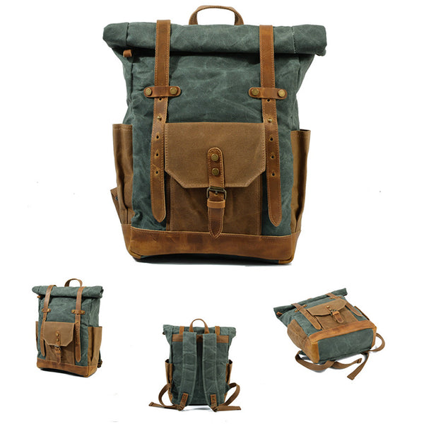 Wax Canvas With Full Grain Leather Travel Backpack Waterproof Waxed Ca – RockCow Leather Studio